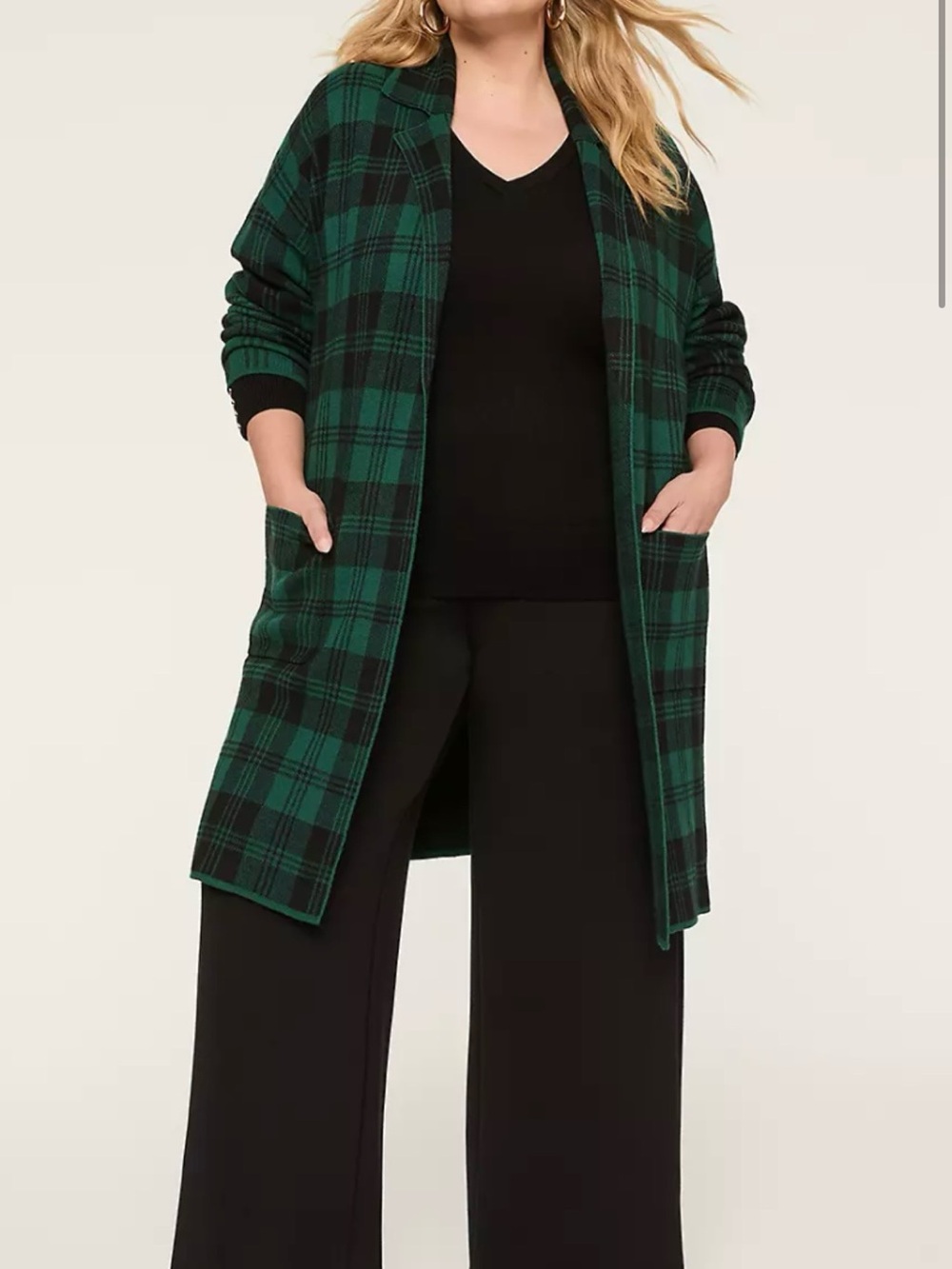 Lane Bryant Green and Black Plaid Open-Front Trench Coat